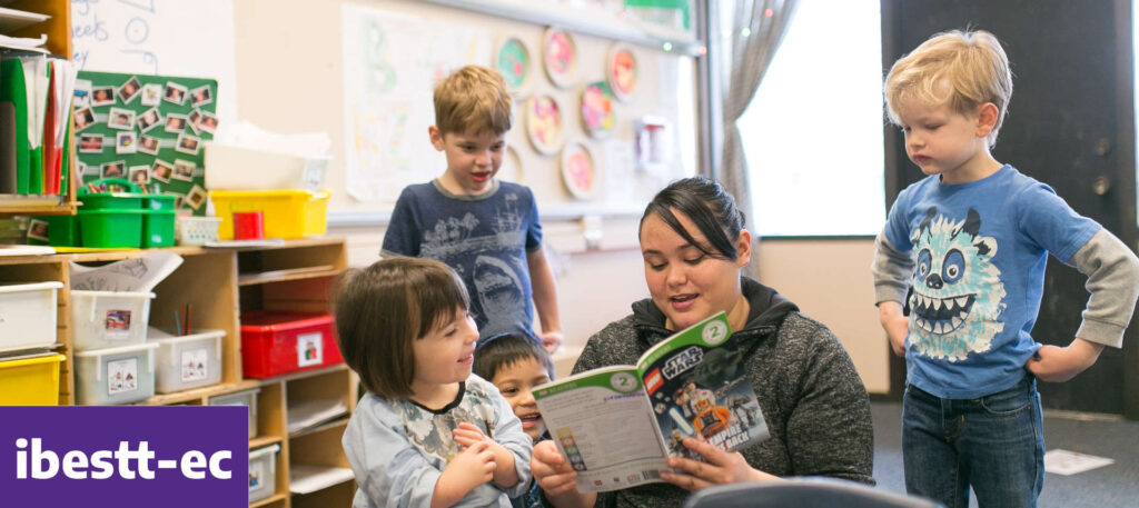 woman reading Star Wars book to 4 kids